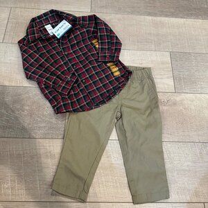 CARTERS BOY 12 MONTH GREEN RED PLAID SHIRT AND KHAKI PANT OUTFIT NEW